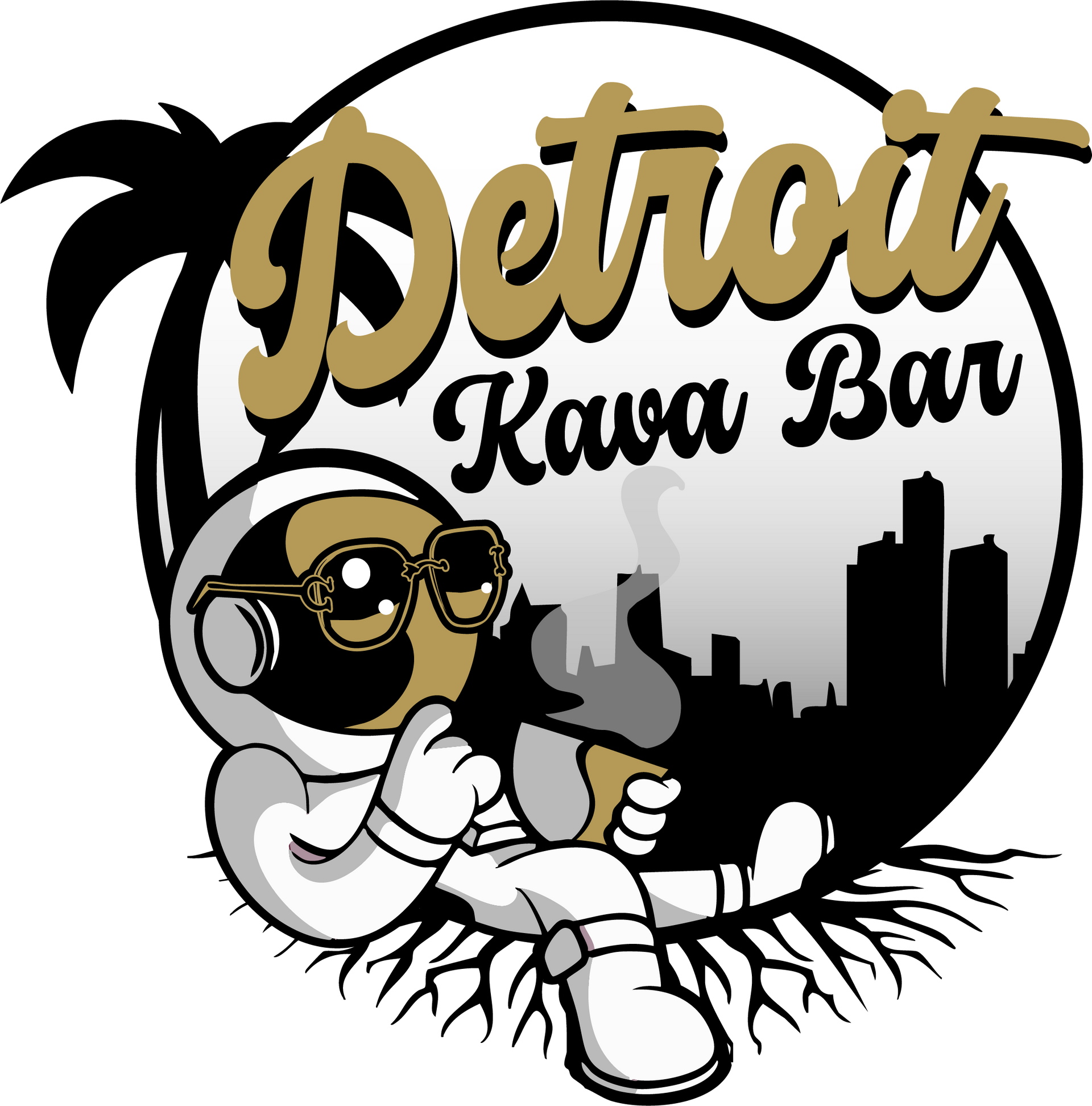 Detroit Kava Bar logo with a cartoon astronaut lounging in a black-and-gold circular emblem
