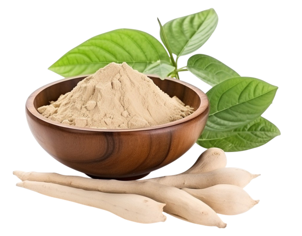 Bowl of beige herbal powder with green leaves and dried roots on a white background