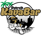 Detroit KavaBar logo with palm trees, skyline, and a seated cartoon character holding a cup