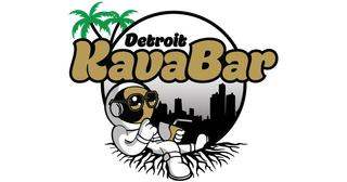 Detroit Kava Bar logo with a cartoon astronaut lounging in a black-and-gold circular emblem