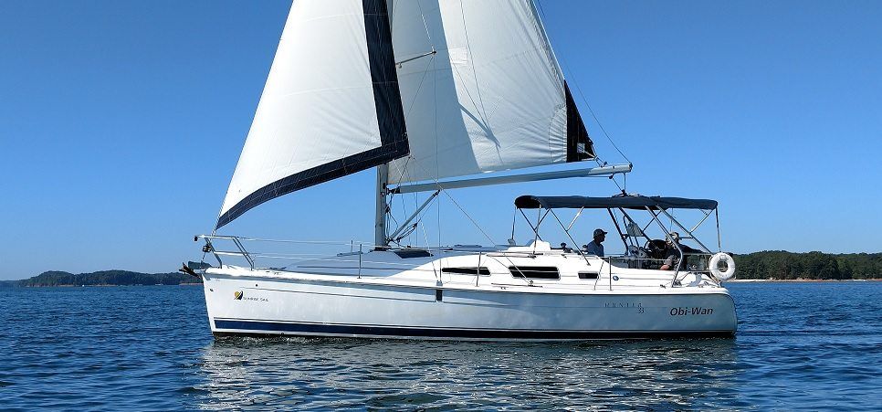 Sailboat on a blue sea under a clear blue sky.
