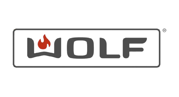 A wolf logo with a red flame on a white background.