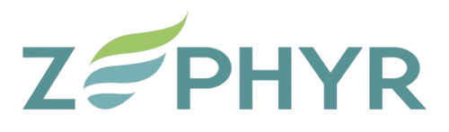 A logo for a company called zephyr with a green leaf in the middle.
