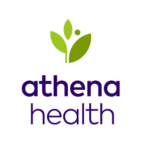 Athena Health logo with green leaf icon above purple text on white background