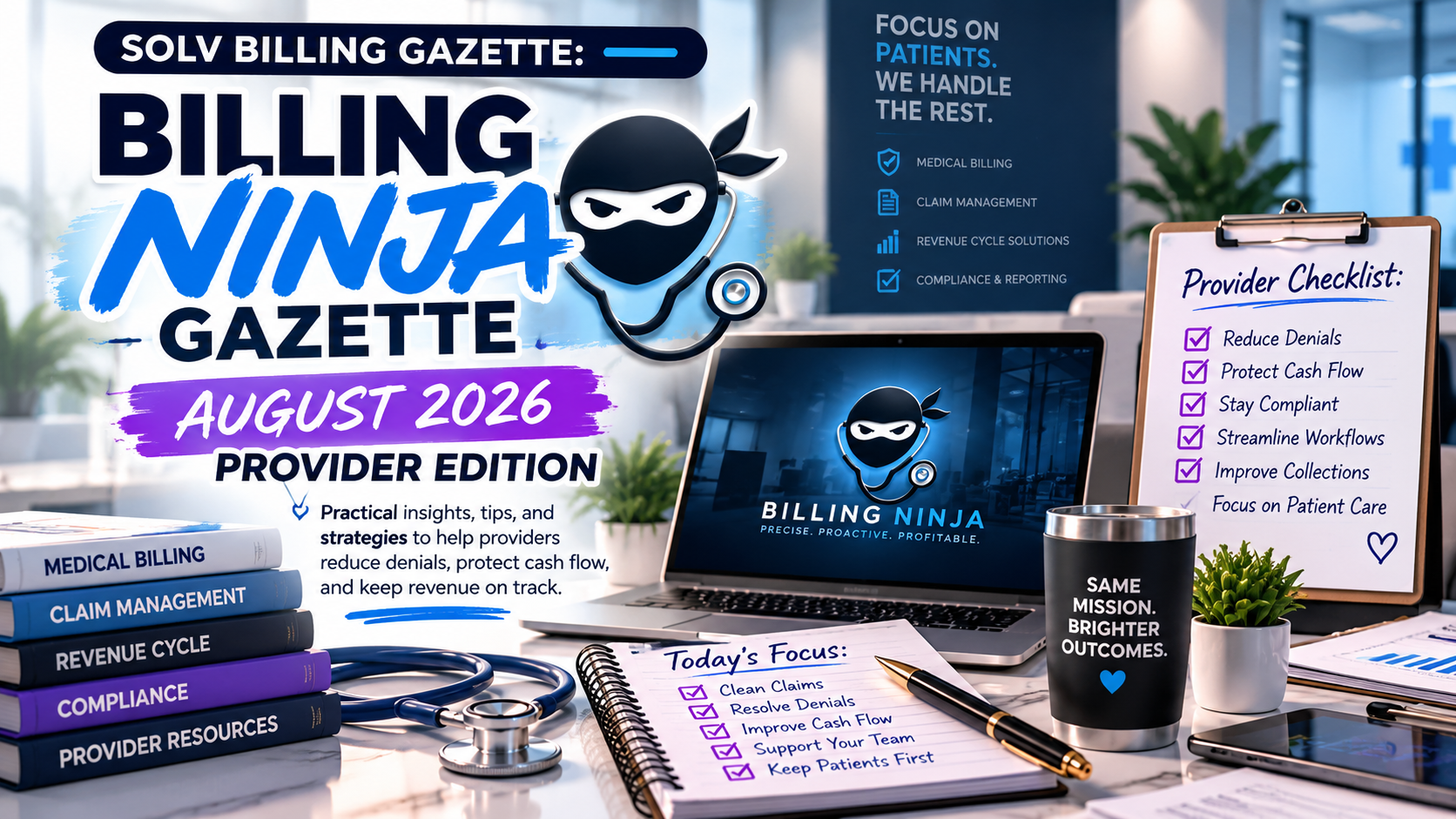 Newsletter cover with a masked ninja mascot in a blue office scene and article text below