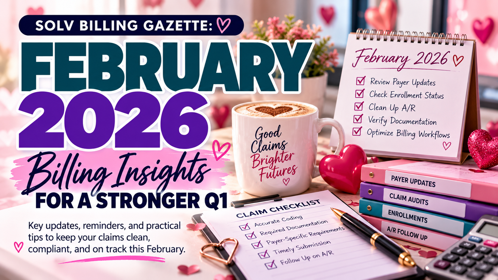 Pink Valentine newsletter titled “February 2026 Happy Valentine” with hearts and @SOLVBILLING at the bottom