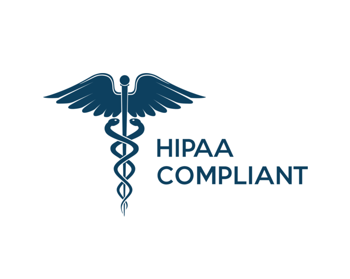 Blue caduceus icon with “HIPAA COMPLIANT” text on white background