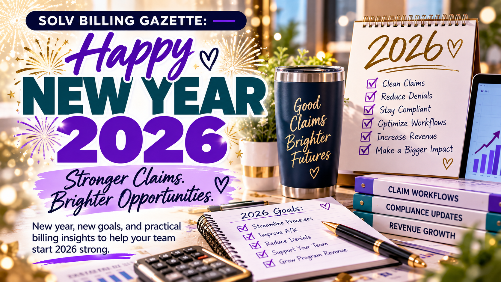 Happy New Year 2026 newsletter with black-and-gold header and dental office contact details