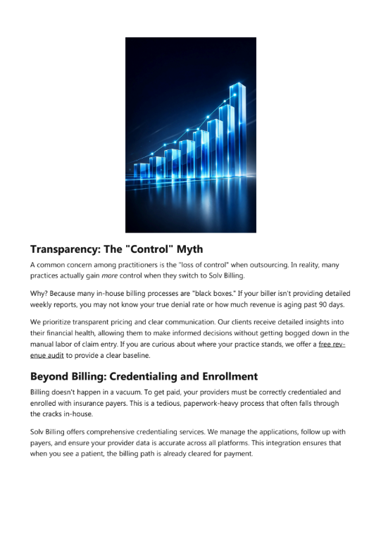 Blue rising bar chart on a dark background above text about transparency and credentialing enrollment