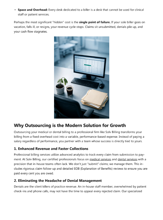 Desk with monitor, notebook, and plants beside text about outsourcing for business growth