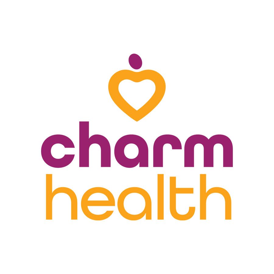 Charm Health logo in purple and orange with a heart-shaped icon above the wordmark