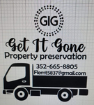 Black logo for "Get It Gone" property preservation with truck graphic, contact info, and "GIG" in a dotted circle.