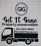 Black logo for "Get It Gone" property preservation with truck graphic, contact info, and "GIG" in a dotted circle.