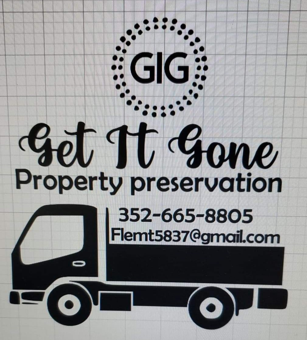 Black logo for "Get It Gone" property preservation with truck graphic, contact info, and "GIG" in a dotted circle.