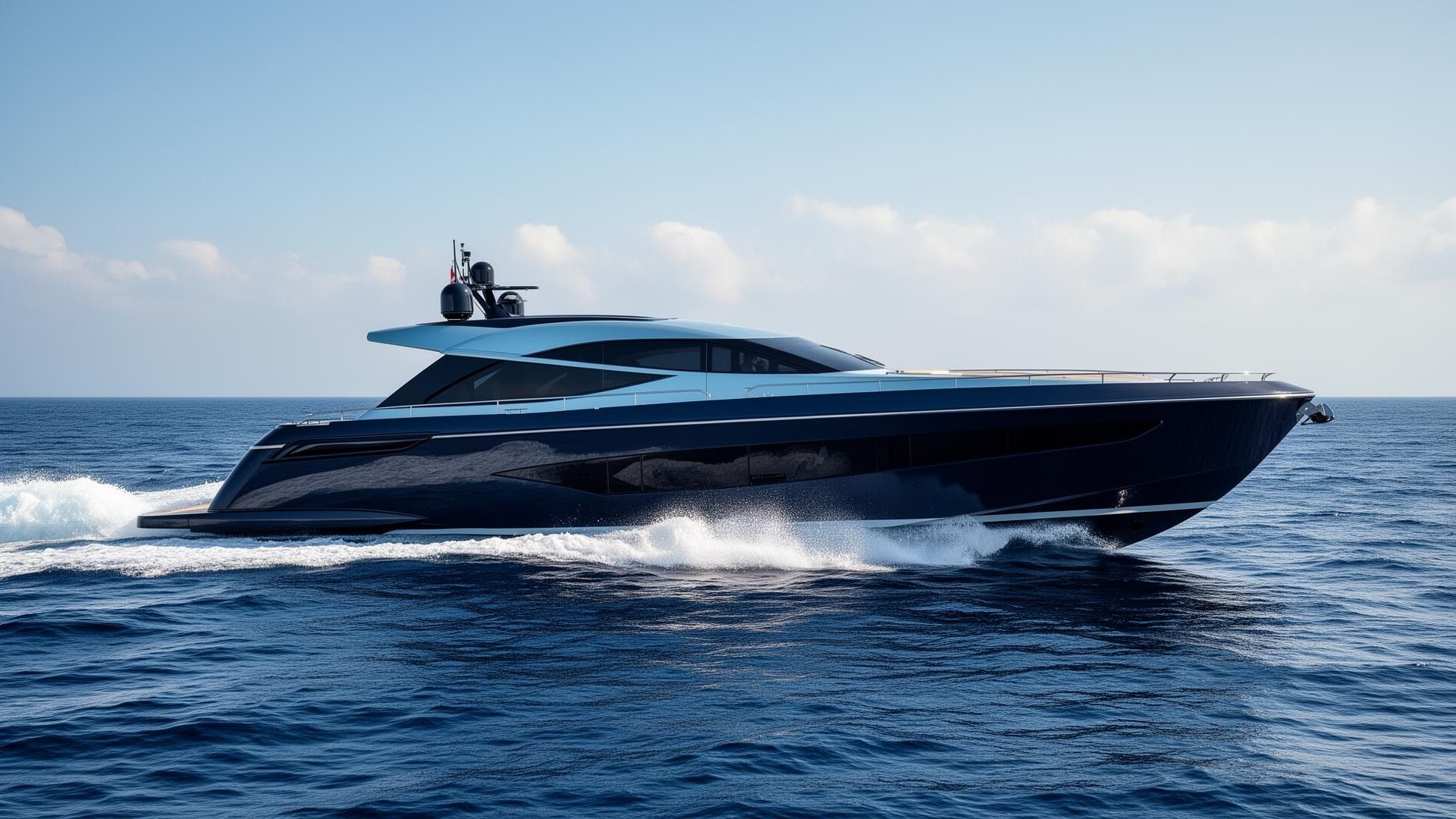 Dark luxury speedboat cutting across the ocean under a clear sky