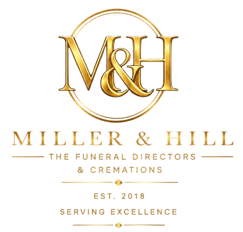 Gold Miller & Hill funeral directors and cremations logo with “Est. 2018” and “Serving Excellence”