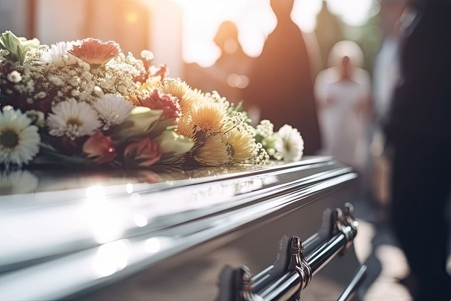 Flower-covered casket at a funeral, with mourners blurred in the background at sunset