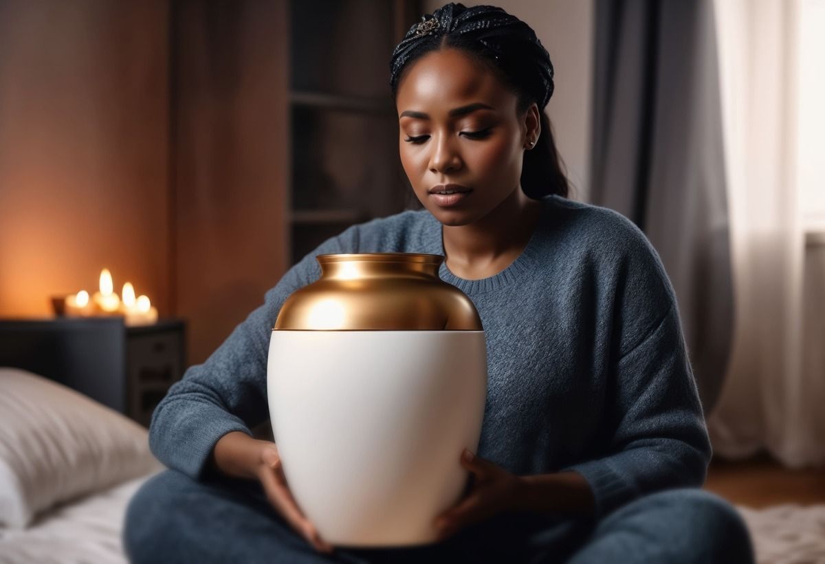 Woman sitting cross-legged indoors, holding a large white and gold urn-shaped vase