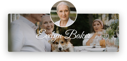 Memorial collage with a woman’s portrait, wedding photo, and candlelit table, labeled “Evelyn Baker.”