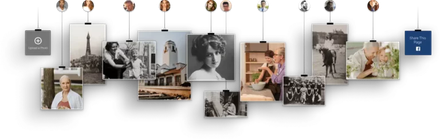Photo collage hanging on a wall, showing black-and-white and color travel scenes and people in various frames