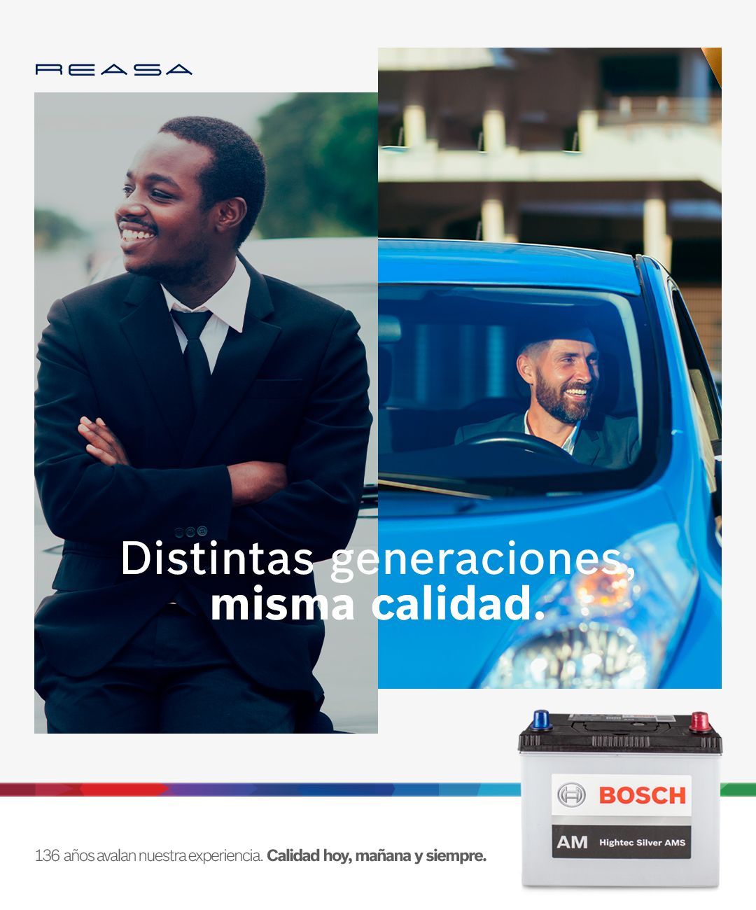 un hombre de traje está sentado junto a un hombre en una camioneta azul.