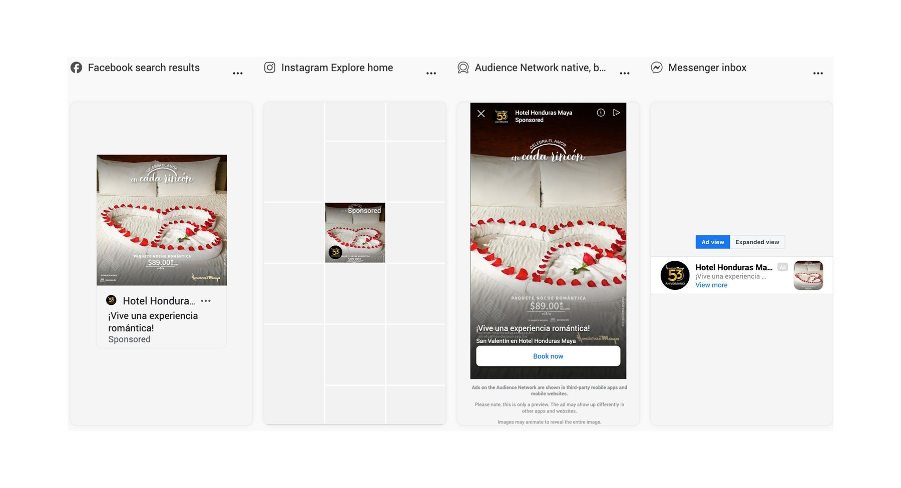 un collage de cuatro fotografías de una habitación de hotel Honduras Maya decorada para el día de San Valentín.Meta Ads