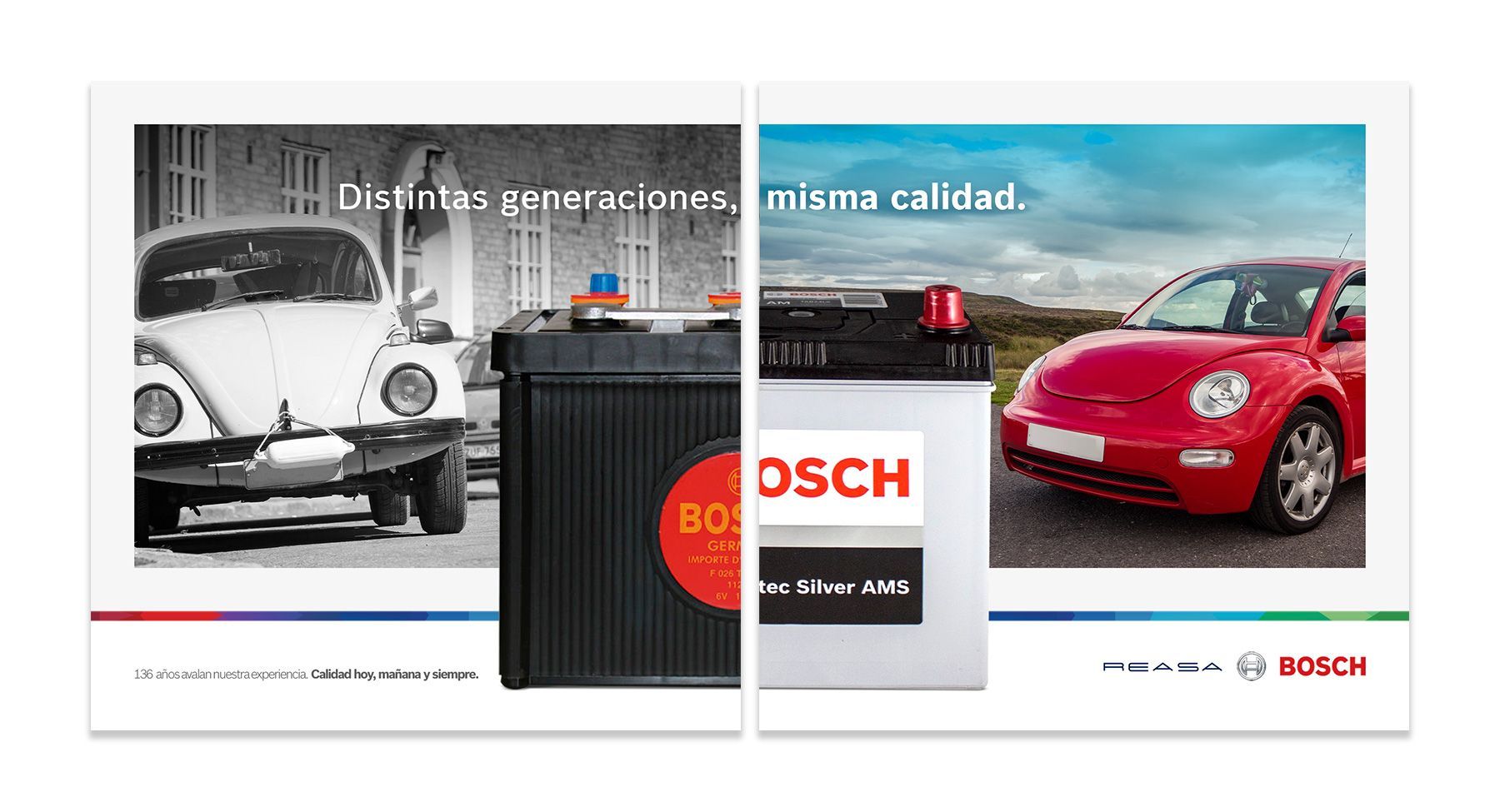 Una fotografía en blanco y negro de un escarabajo y un coche rojo junto a una batería Bosch.
