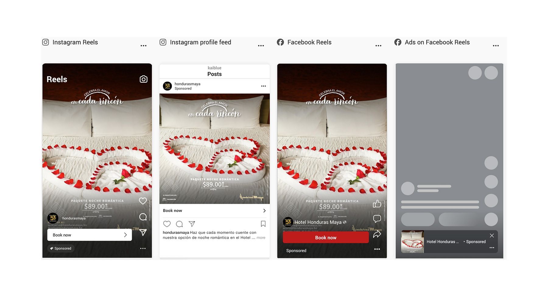un collage de cuatro fotografías de una habitación de hotel Honduras Maya decorada para el día de San Valentín.Meta Ads