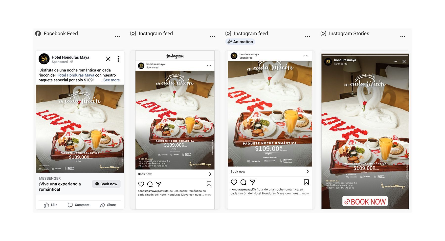 un collage de cuatro fotografías de una habitación de hotel Honduras Maya decorada para el día de San Valentín.Meta Ads