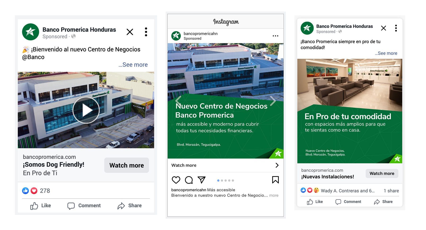 un collage de tres imágenes del nuevo centro de negocios de Banco Proermica 
o sobre un fondo blanco.