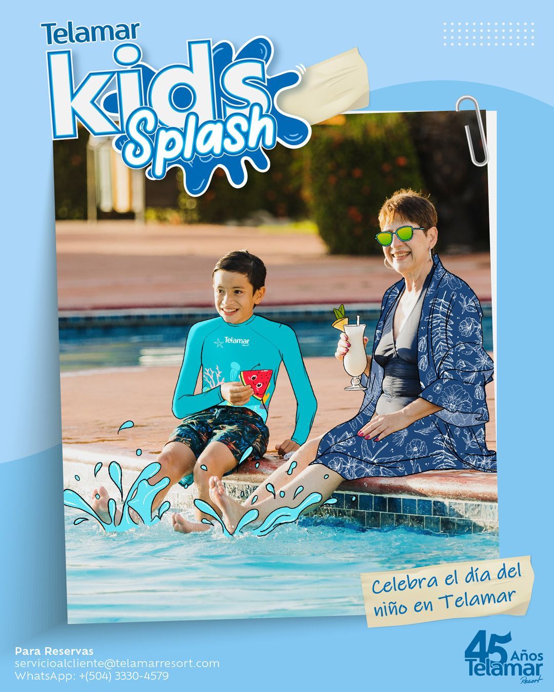un hombre y un niño están sentados al borde de una piscina.