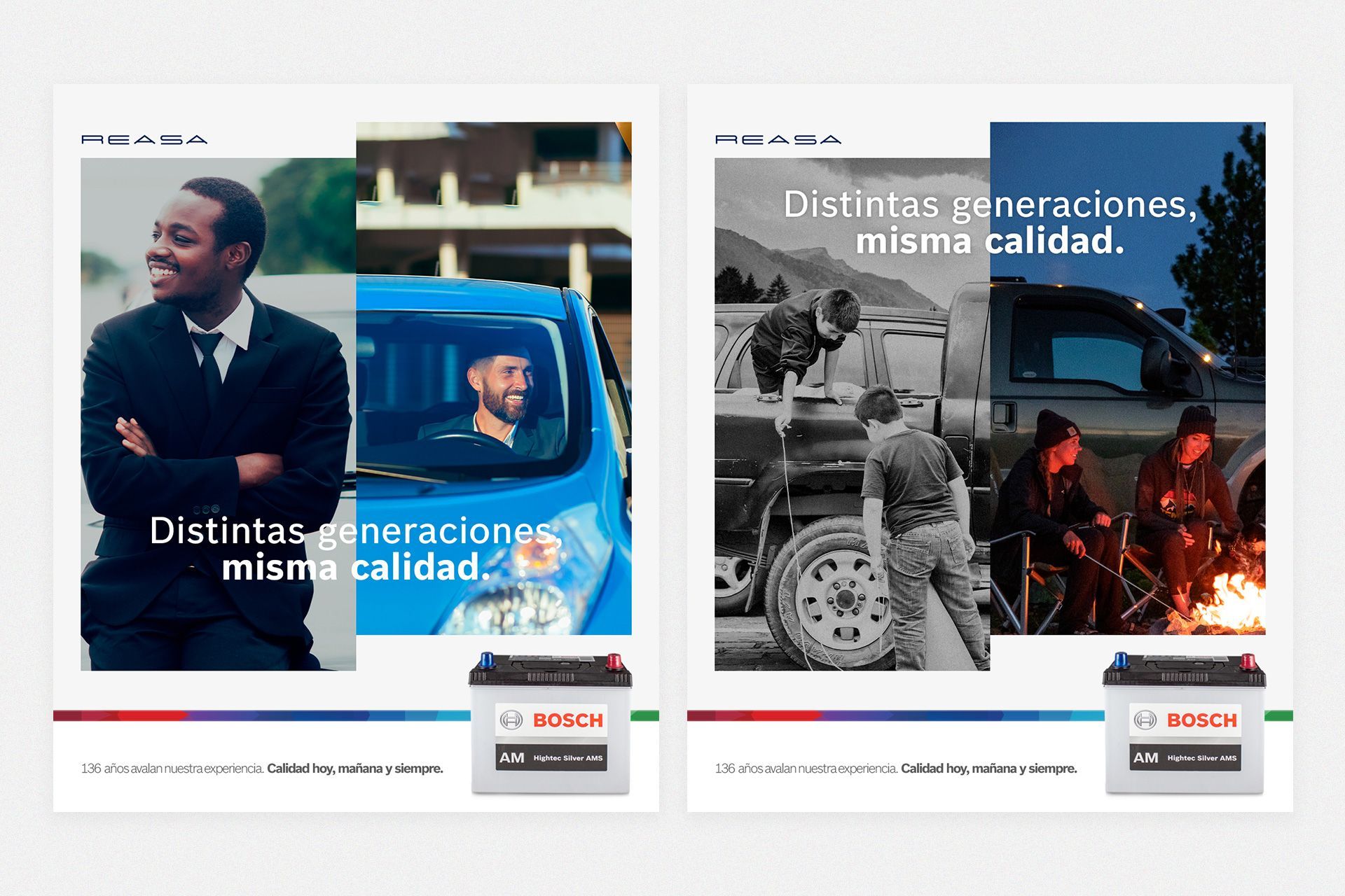 Un hombre con traje y corbata está parado junto a una camioneta azul con su batería Bosch
