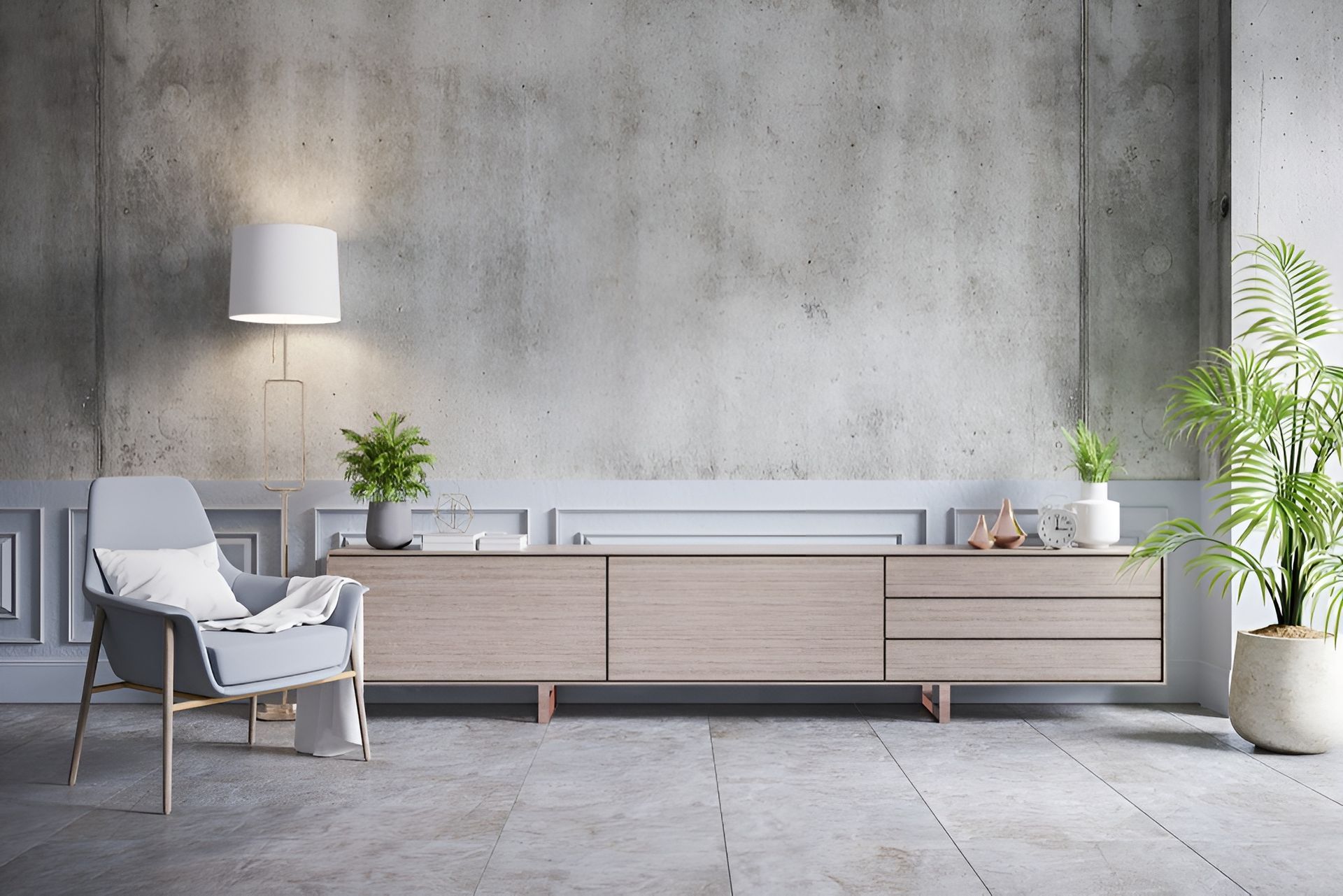 Modern Minimalist Living Room With Gray Sofa — The Right Kitchen Company in Shellharbour, NSW