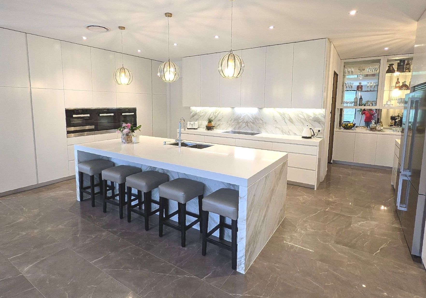 Modern White Kitchen With Marble Island — The Right Kitchen Company in Shellharbour, NSW