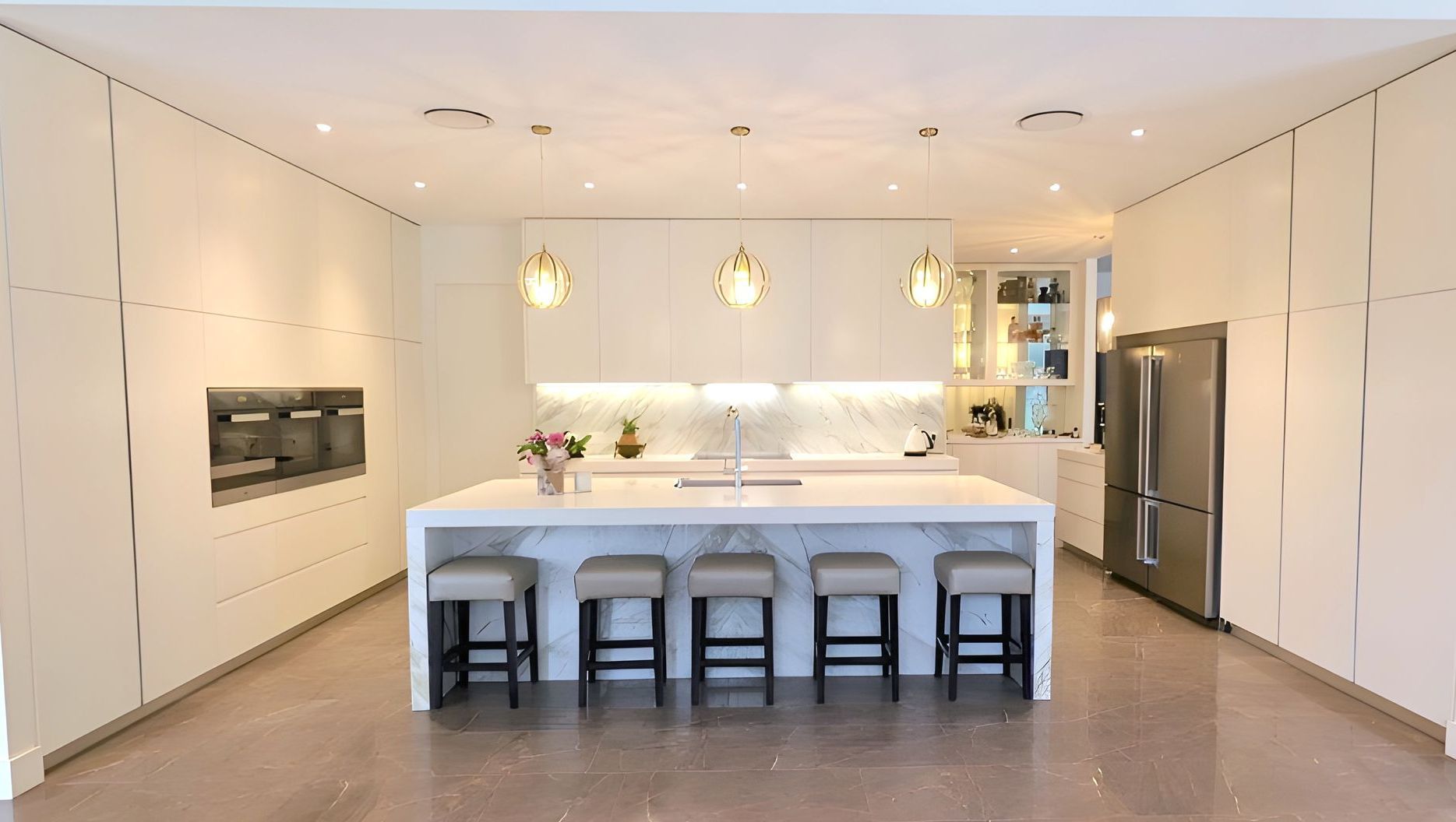 Modern White Kitchen With Island Four Stools — The Right Kitchen Company in Kiama, NSW