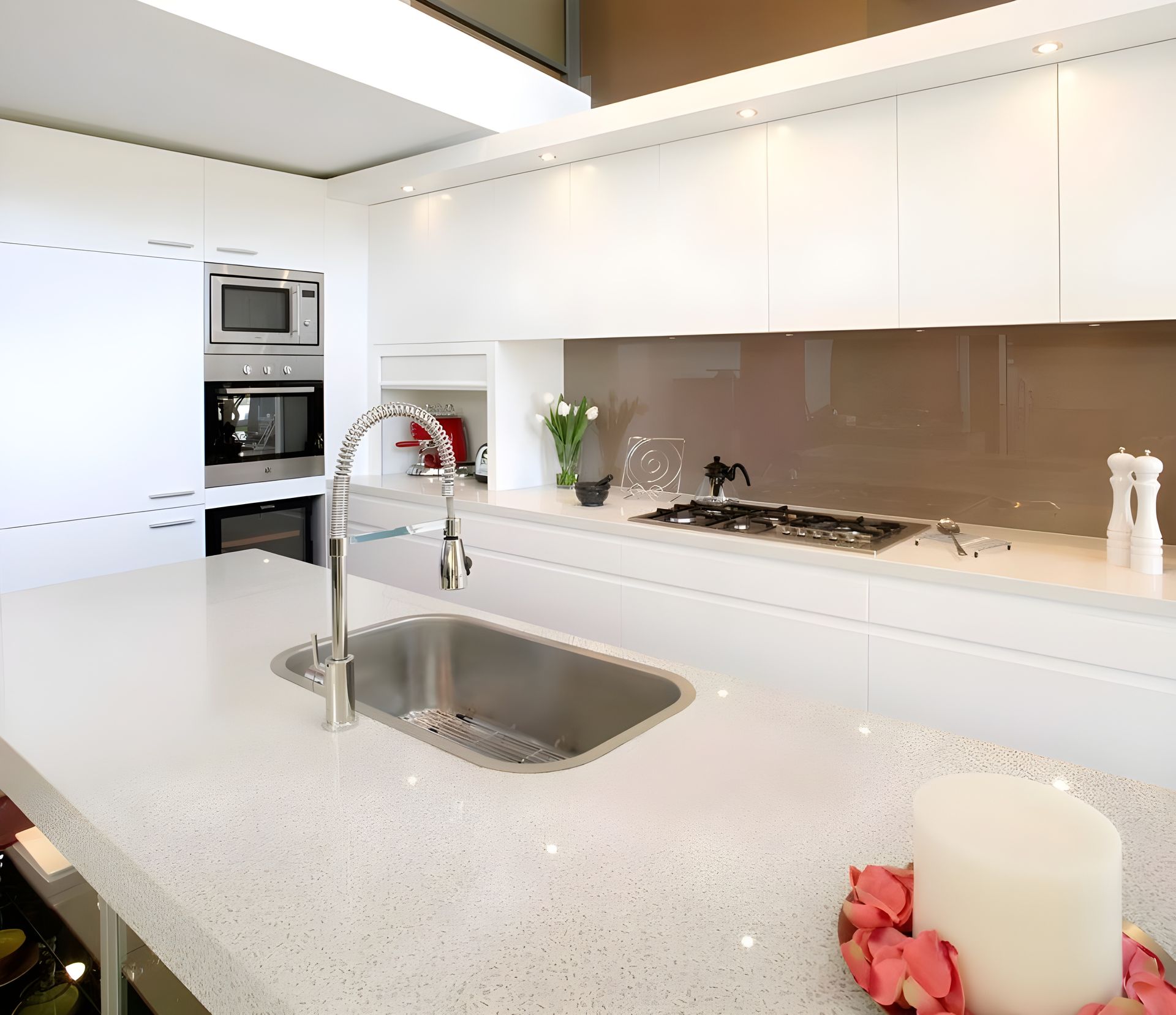 Modern White Kitchen With Island Sink Built-in Ovens — The Right Kitchen Company In Berkley, NSW