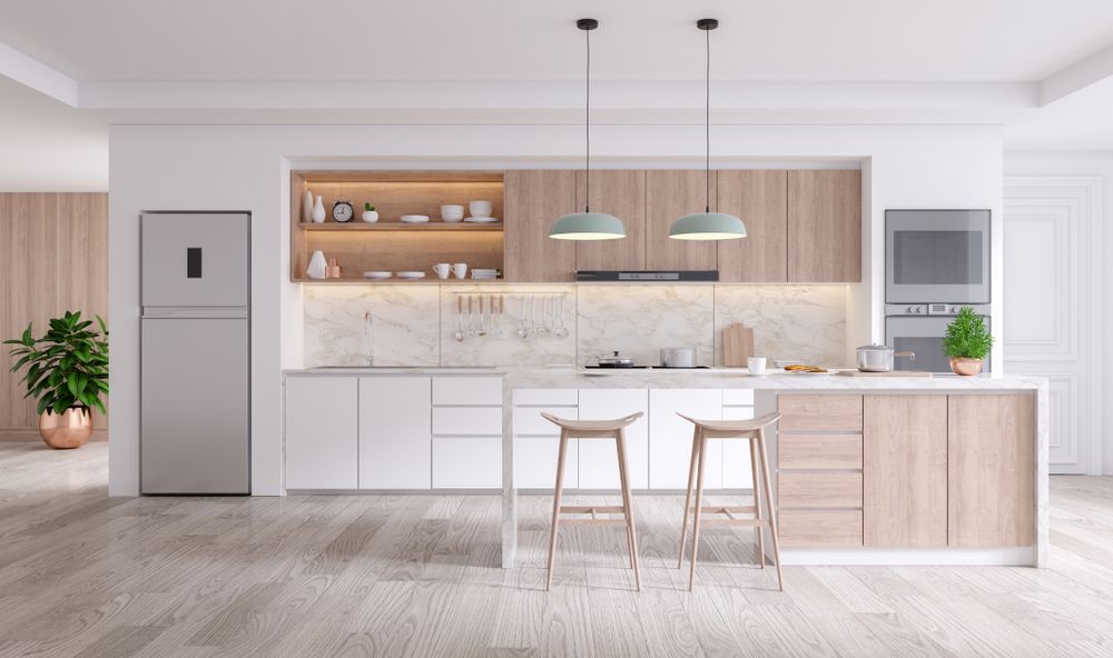 Wood Kitchen With Island Pendant Lights — The Right Kitchen Company In Dapto, NSW