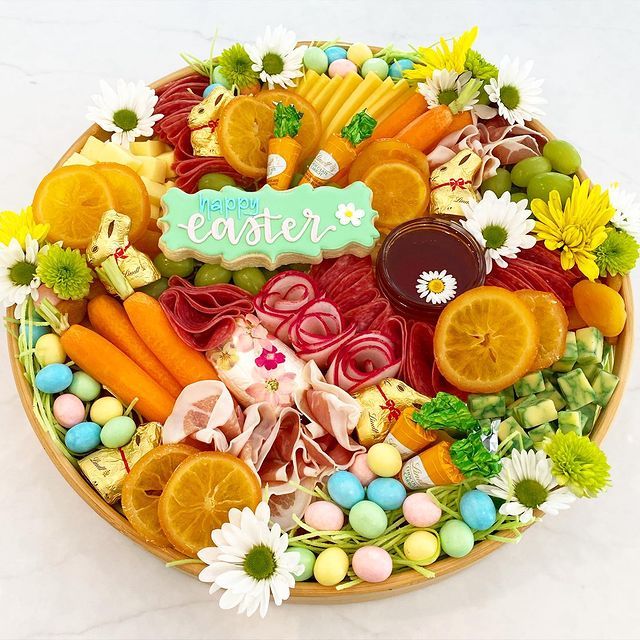 A plate of food with a sign that says home easter