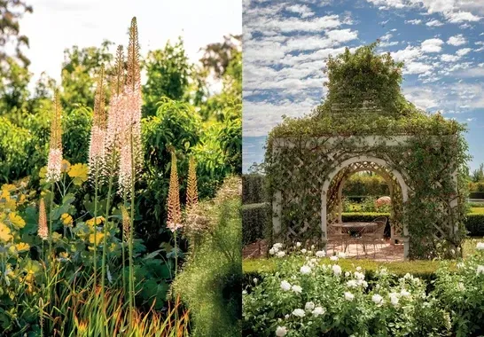 Two pictures of a garden with flowers and a gazebo.