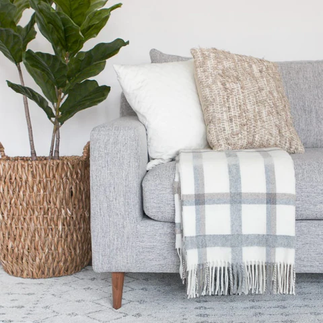 A couch with a plaid blanket and pillows on it