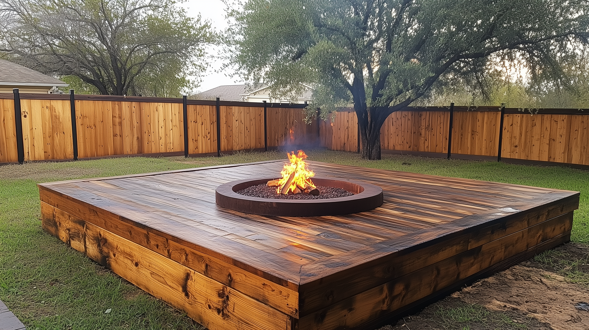 A fire pit is sitting on top of a wooden platform in a backyard.