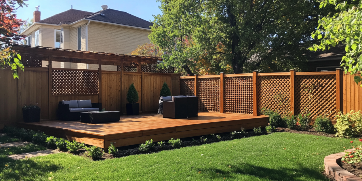 A backyard with a wooden deck and a wooden fence.