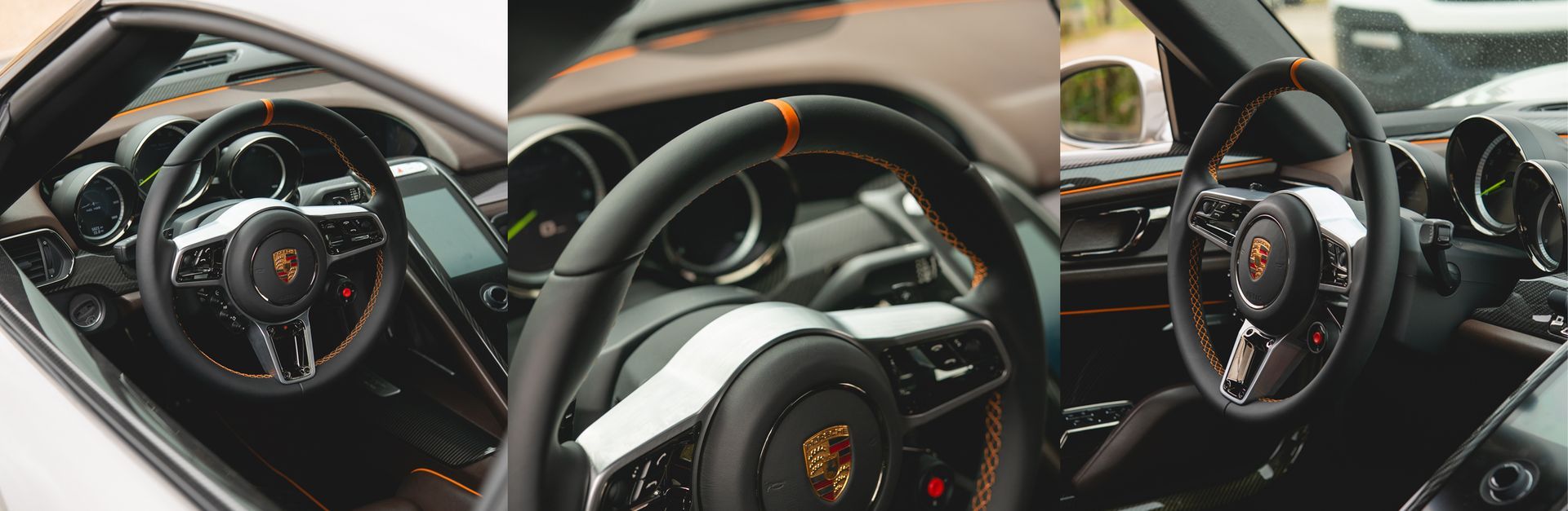 porsche 918 spyder steering wheel retrim black nappa leather orange racing band d:class dclass auto automotive near me interior stitch stitching oem