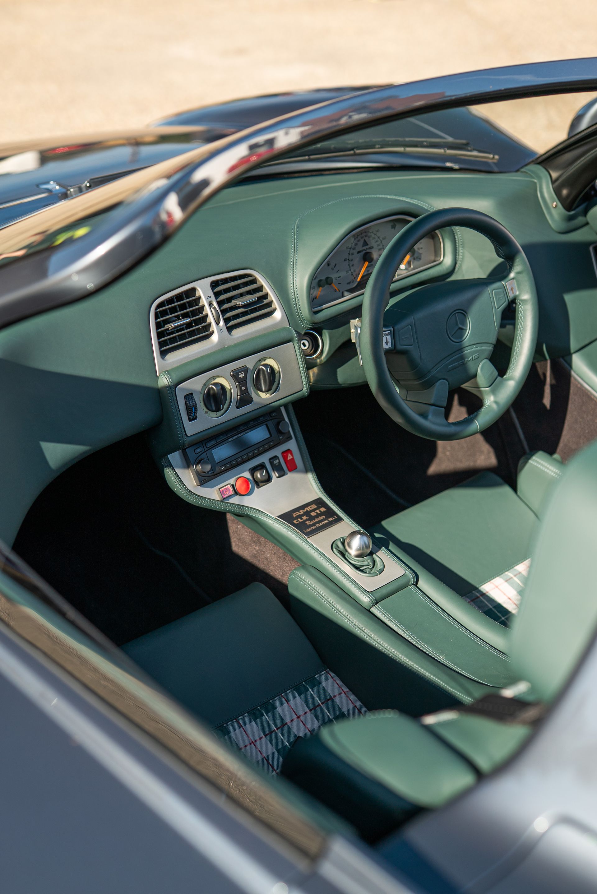 Mercedes-Benz CLK GTR Roadster green nappa leather interior retrim re upholstered upholstery customised seats steering wheel d:class dclass auto automotive DK Engineering RHD