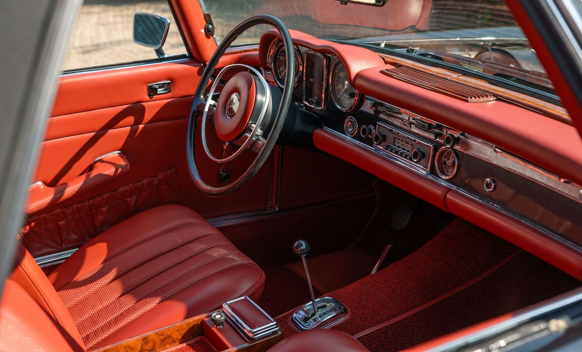 Mercedes-Benz W113 red old timer leather uk hide d:class basket weave box carpet retrim restoration upholstery reupholstered