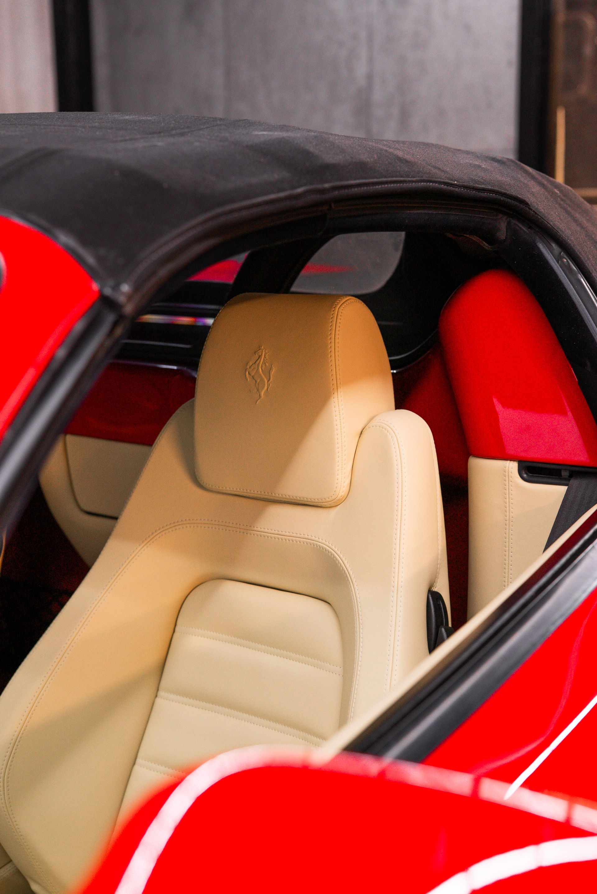 ferrari F430 Spider interior retrim seats doorcards door cards crema nappa leather oem reupholstered stitching thread dashboard steering wheel perforated black cream 