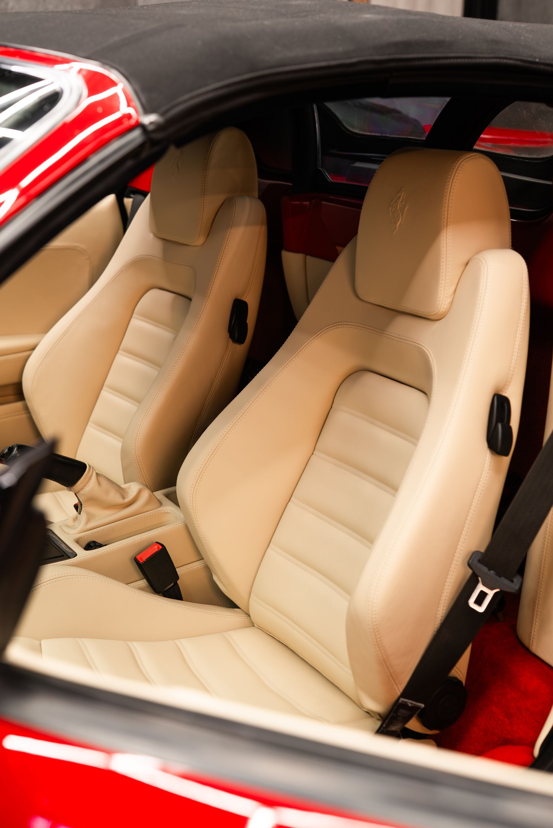 ferrari F430 Spider interior retrim seats doorcards door cards crema nappa leather oem reupholstered stitching thread dashboard steering wheel perforated black cream 