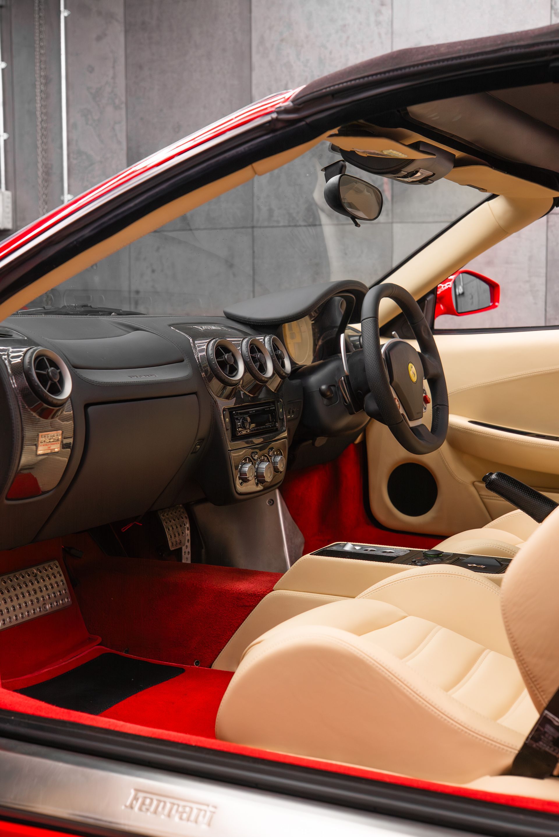 ferrari F430 Spider interior retrim seats doorcards door cards crema nappa leather oem reupholstered stitching thread dashboard steering wheel perforated black cream 