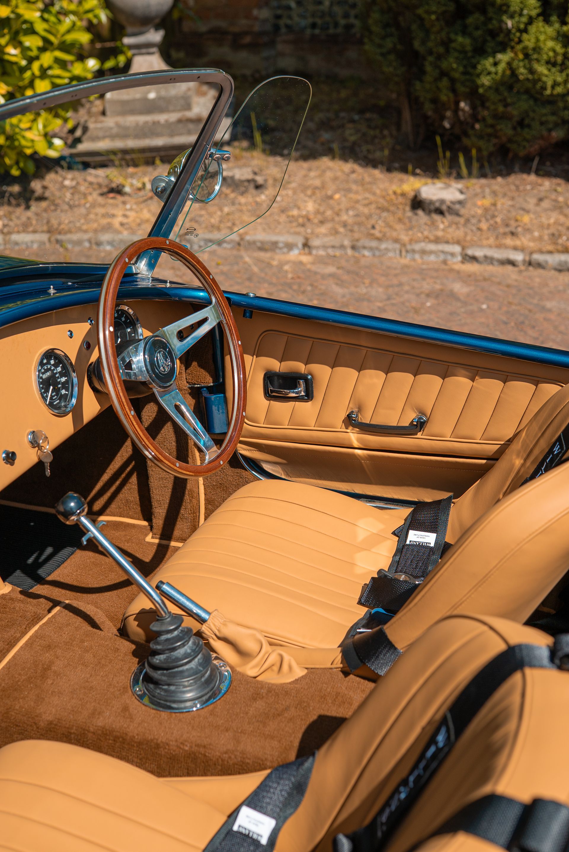 AC Cobra mkiv mk iv mk4 restoration tan leather interior guards blue metallic redline engineering d:class automotive dclass upholstery retrim