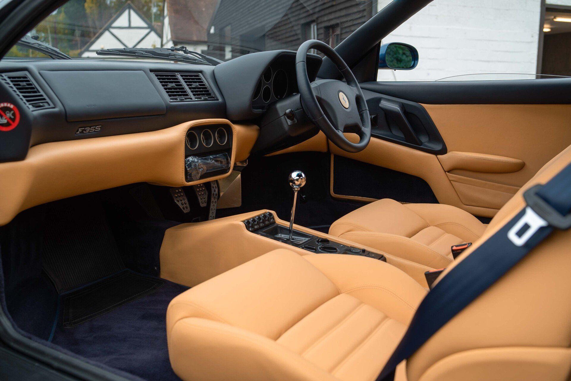 Ferrari F355 Spider Full interior retrim d:class auto tan blue nappa leather reupholstered upholstery trim restoration surrey bespoke seats hood carpet